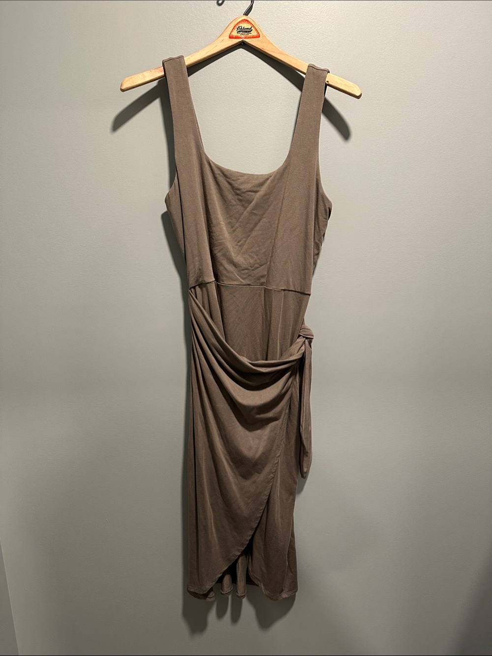 Sleeveless Taupe Midi Dress with Side Tie Drape